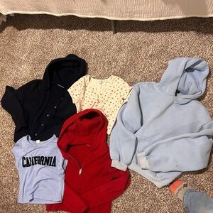 Brandy Melville light blue hoodie and red zip-up sweatshirt bundle